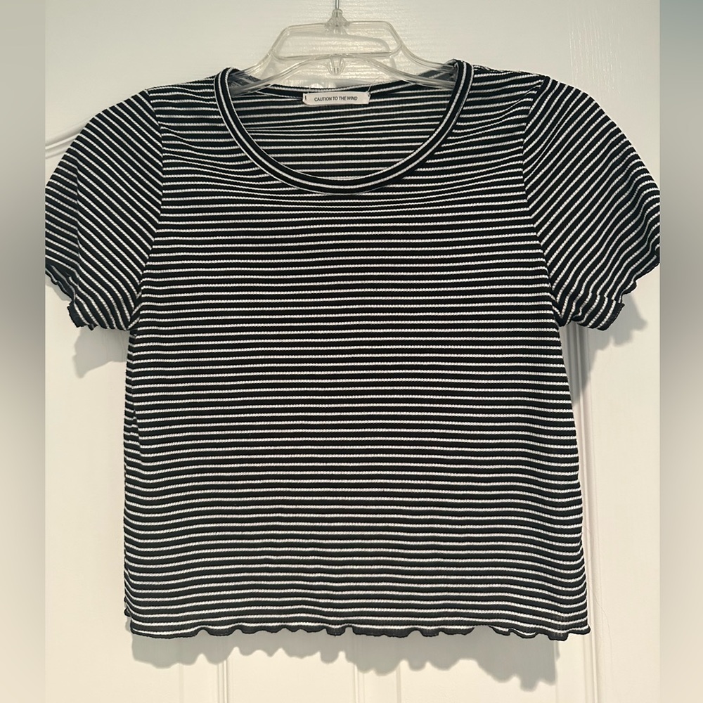 Caution To The Wind Black & White Striped Cropped T-Shirts
